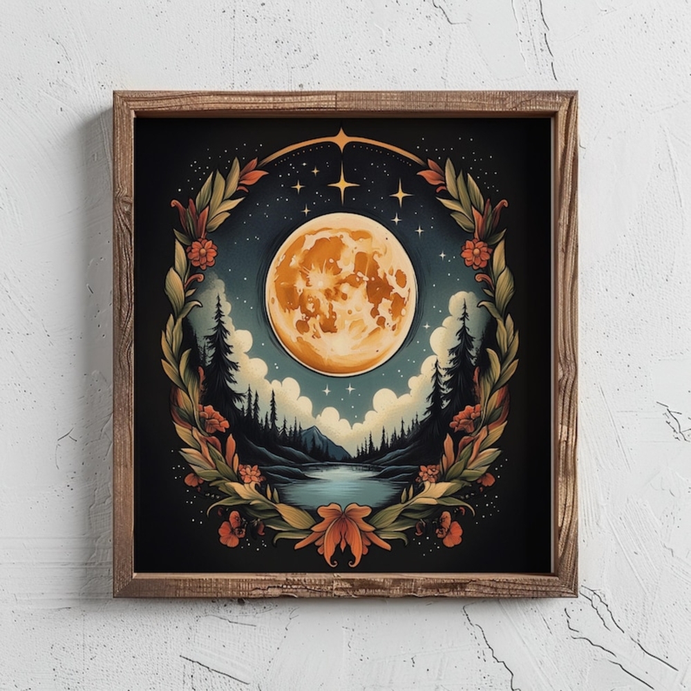 Vintage Full Moon Night Retro Wall Art – Classic Moon & Stars Print, Mid-Century